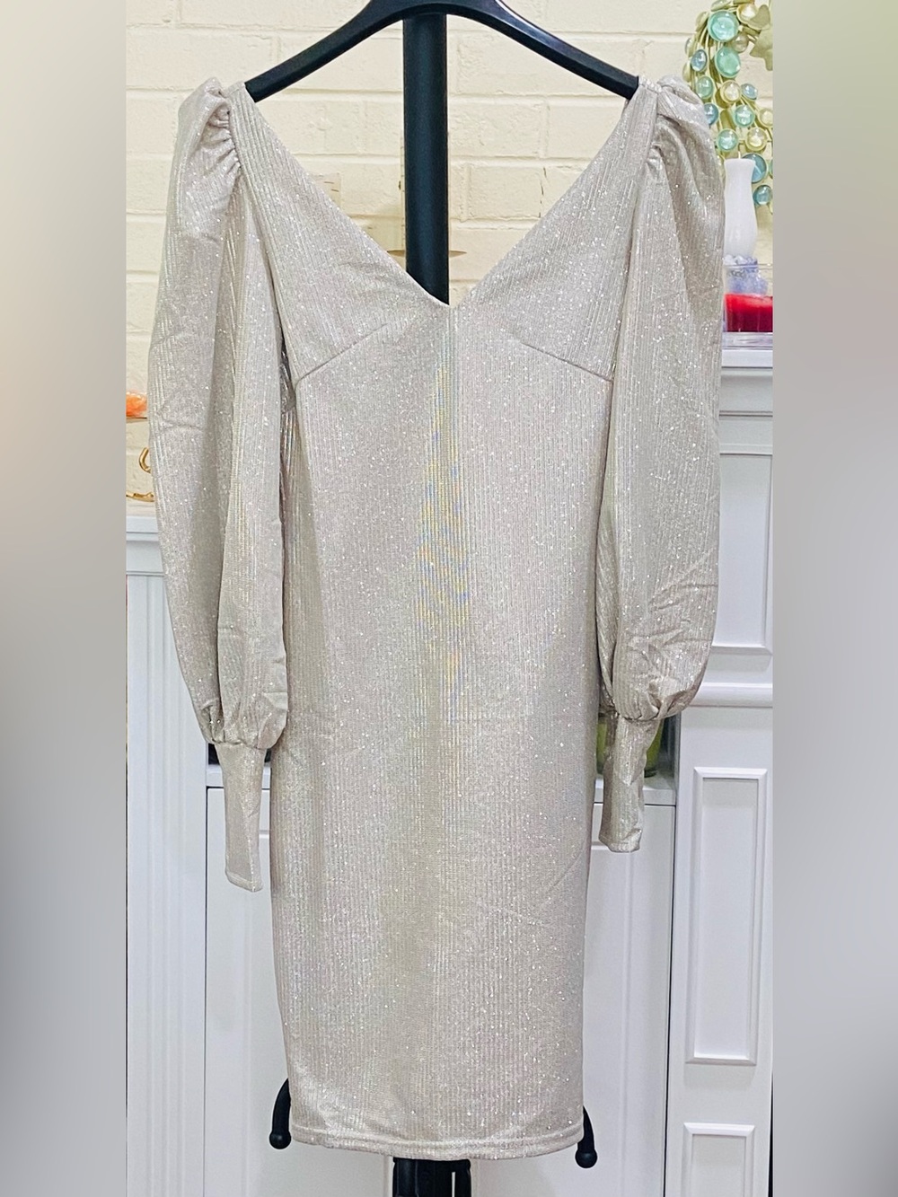 Shimmery Champagne Long Sleeve V-Neck Dress